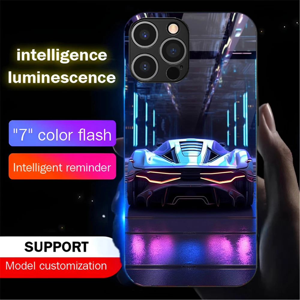 Luxury Supercar Luminous Glass LED Call Light Up Flash Phone Case Cover For iPhone Air 17 E 16 E 15 14 13 12 11 Pro Max Plus
