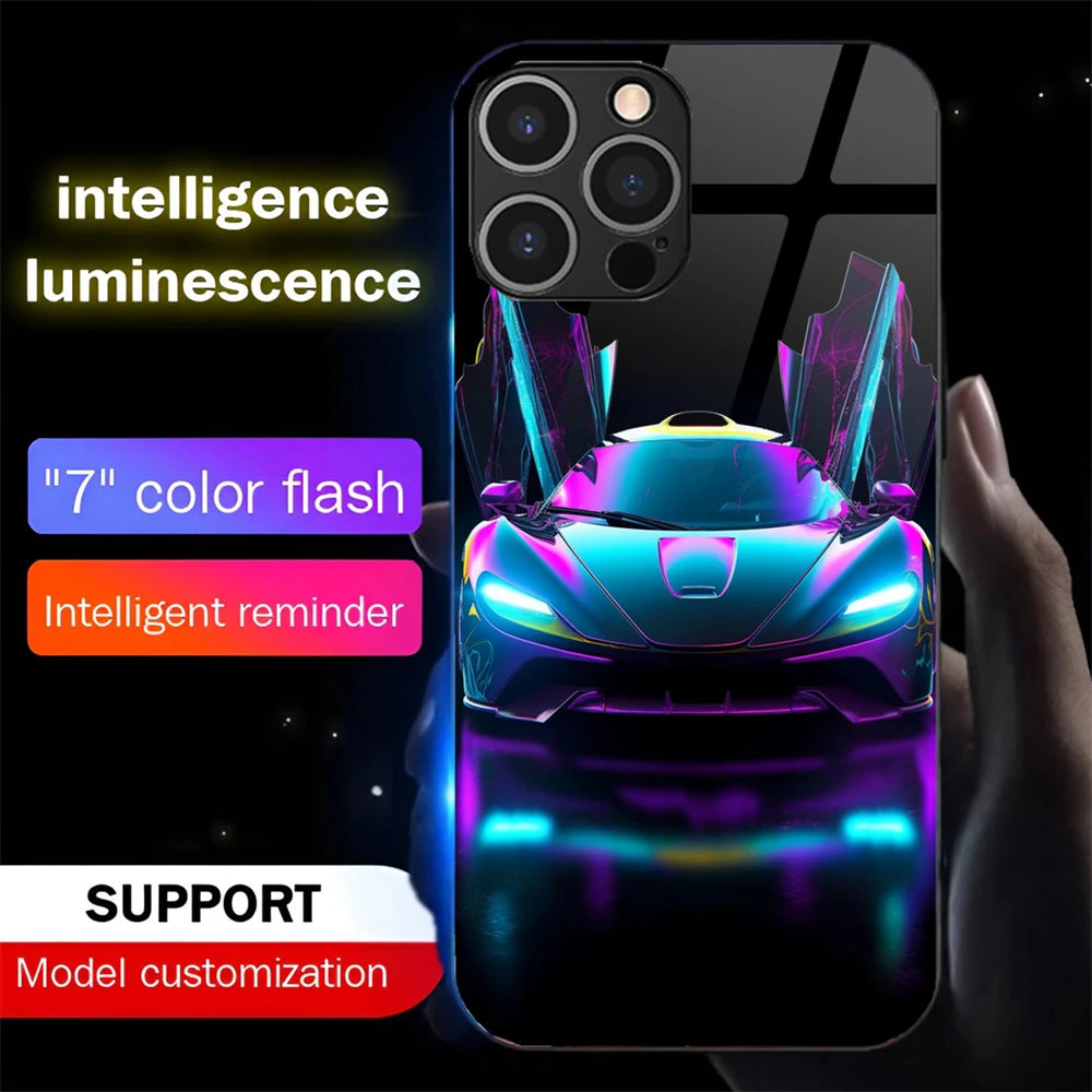 Luxury Supercar Luminous Glass LED Call Light Up Flash Phone Case Cover For iPhone Air 17 E 16 E 15 14 13 12 11 Pro Max Plus