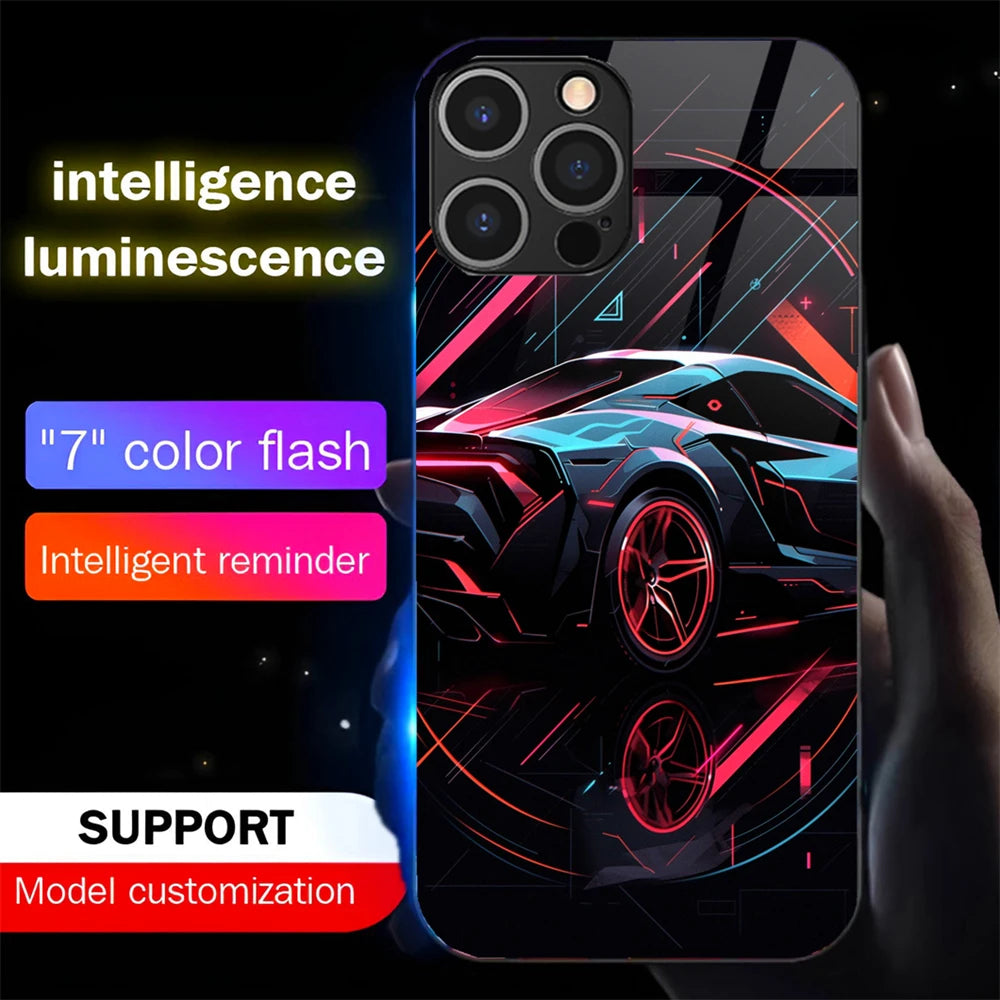 Luxury Supercar Luminous Glass LED Call Light Up Flash Phone Case Cover For iPhone Air 17 E 16 E 15 14 13 12 11 Pro Max Plus