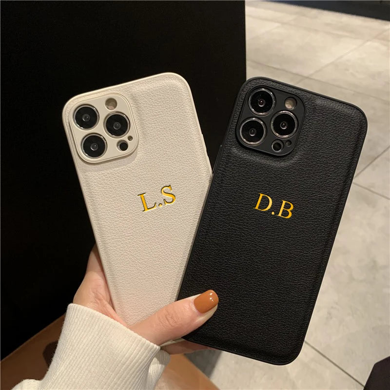 Étui iPhone Texturé Effet Cuir — Initiales Personnalisées