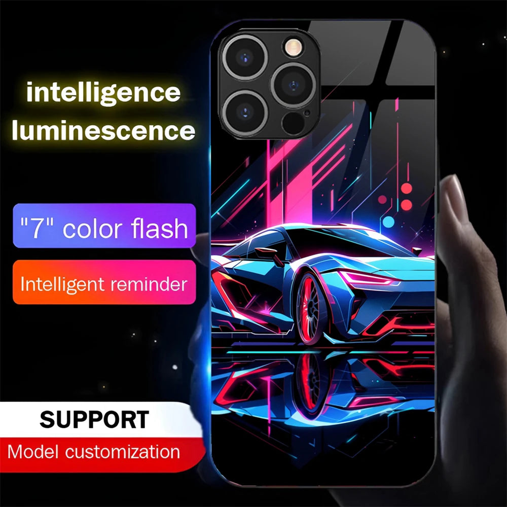 Luxury Supercar Luminous Glass LED Call Light Up Flash Phone Case Cover For iPhone Air 17 E 16 E 15 14 13 12 11 Pro Max Plus