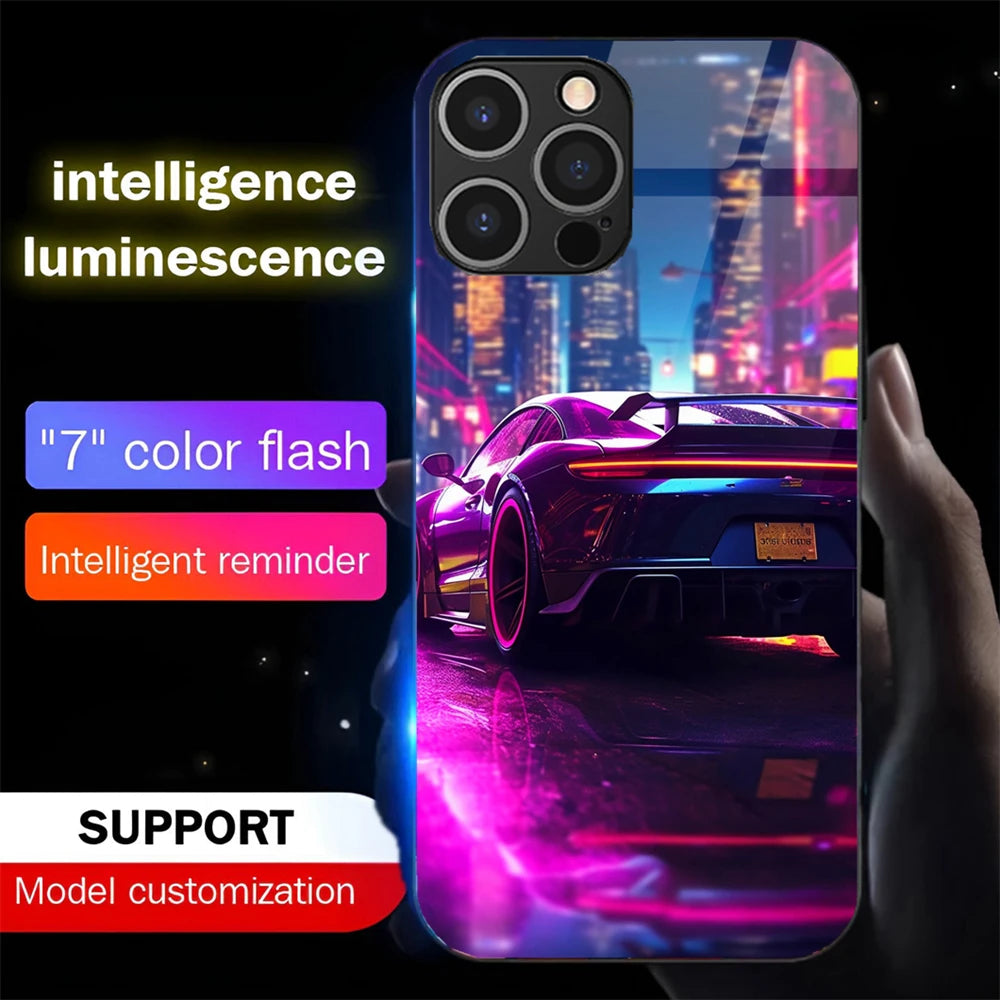 Luxury Supercar Luminous Glass LED Call Light Up Flash Phone Case Cover For iPhone Air 17 E 16 E 15 14 13 12 11 Pro Max Plus