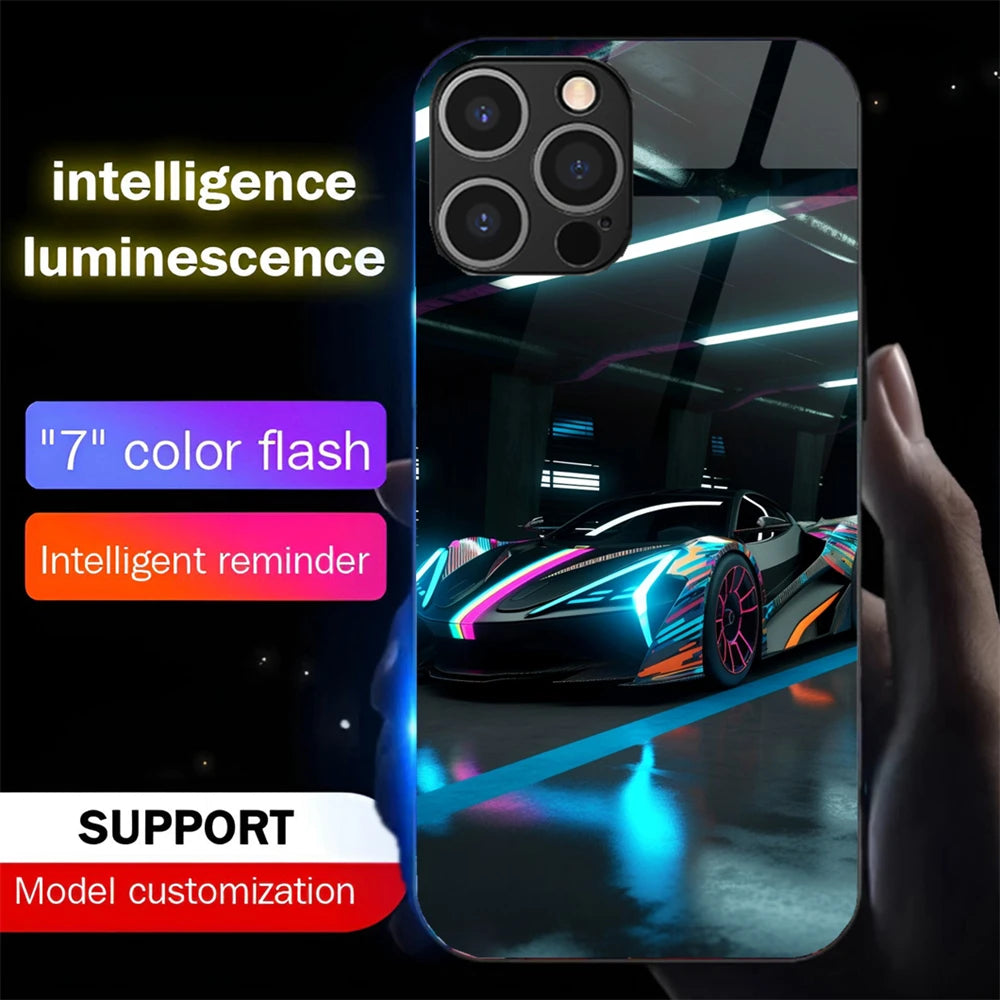 Luxury Supercar Luminous Glass LED Call Light Up Flash Phone Case Cover For iPhone Air 17 E 16 E 15 14 13 12 11 Pro Max Plus
