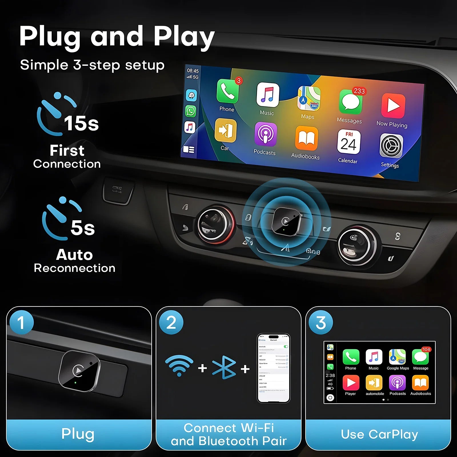 Adaptateur CarPlay et Android Auto Sans Fil - Plug and Play